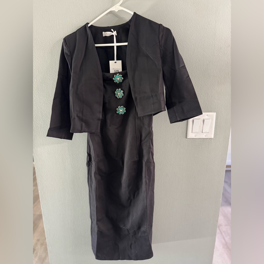 Grace Karin Black Midi Dress with Green Accents